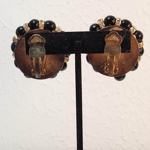 Vintage 1980s, Clip Earrings, Black Beads with Gold Toned and Crystal Accents. - Picture 3 of 4